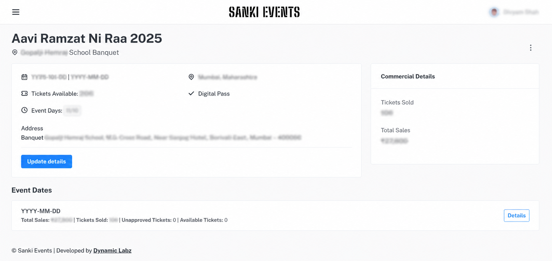 Sanki Events ERP Dashboard 2